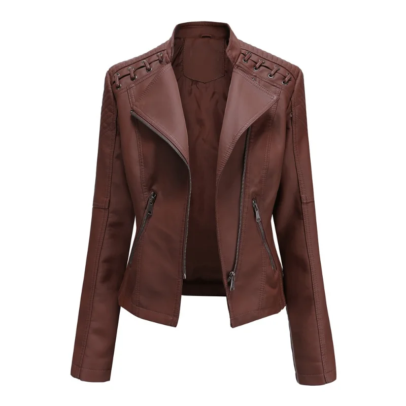 Leather Women's European Size New Spring and Autumn Women's Short Jacket Slim Thin Leather Jacket Women's Motorcycle Wear enlarge
