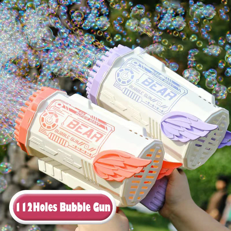 

Hot 112 Holes Bubble Gun Angel Electric Dazzling Kids Soup Bubble Blowing Toy Rocket Launcher Bubble Gun Children's Day Gift