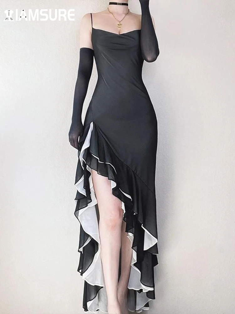 

IAMSURE Dark Ruffles Asymmetrical Long Dress With Gloves Gothic Party Dress Sexy Slim Slash Neck Maxi Dresses For Women 2022