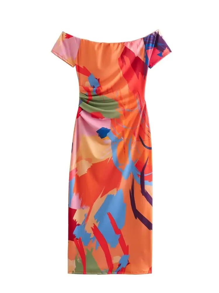 

ZXQJ Women 2023 Sexy Off Shoulder Slash Neck Corset Printed Mini Dress Female Chic Short Sleeve Dresses Mujer