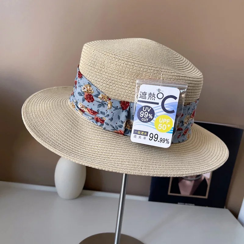 Wide Brim Summer Hat for Women Flat Top Flower Ribbon Decoration Straw Hat Sun Hat Beach Hat Sun Protection Kentucky Derby Hat