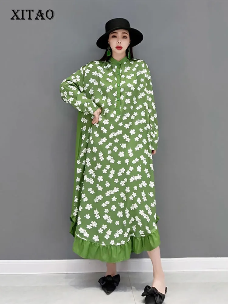 

XITAO Casual Print Dress Loose Fashion Contrast Color Flowers Edible Tree Fungus Splicing Irregular Hem 2022 New Women WLD6593