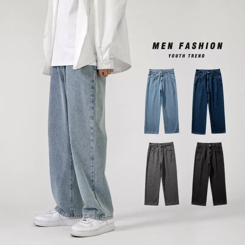 

Модные мужские мешковатые джинсы, классические Универсальные однотонные прямые джинсовые брюки с широкими штанинами, светло-голубые серые...