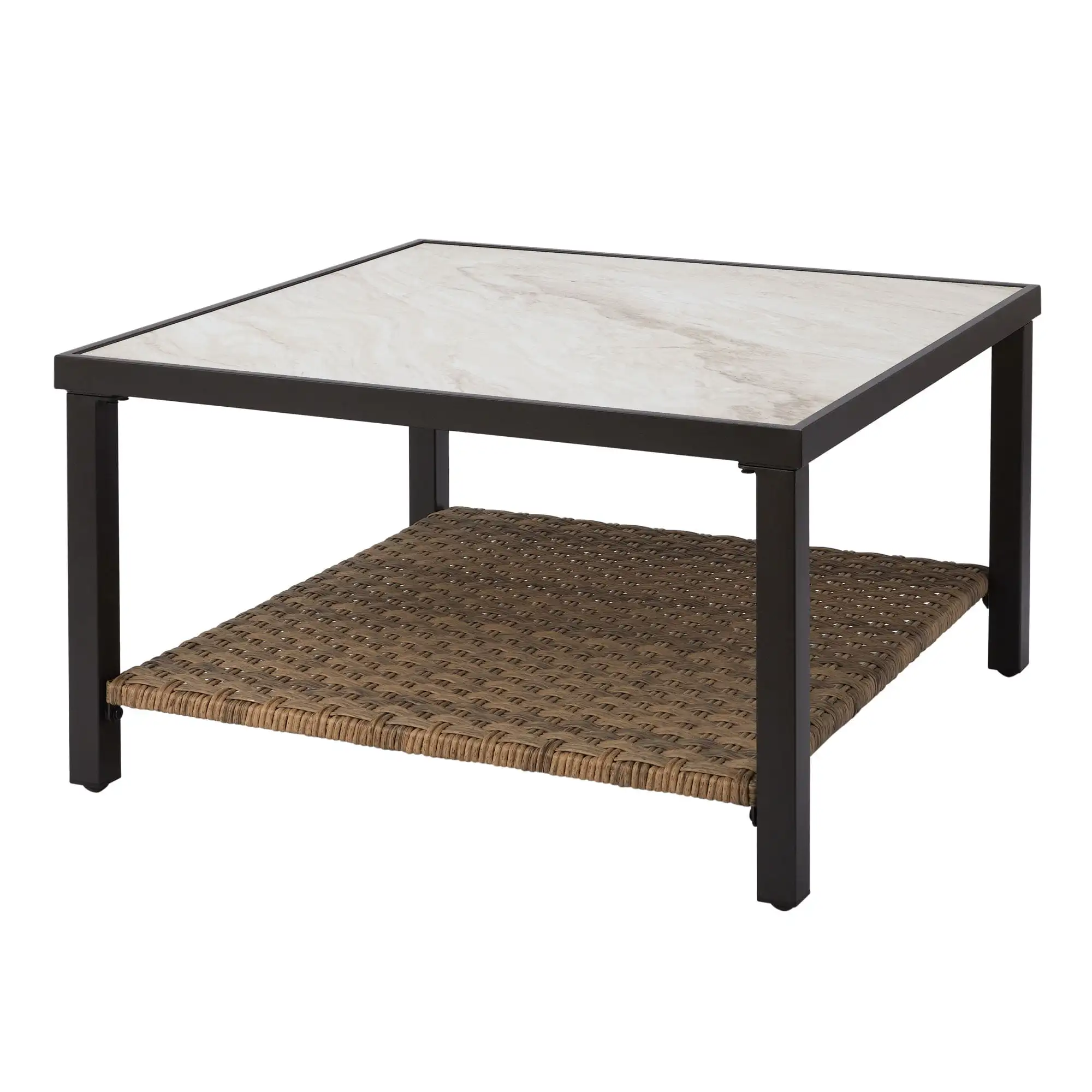 

Better Homes & Gardens River Oaks Tile Top Coffee Table with All-Weather Wicker Shelf, White