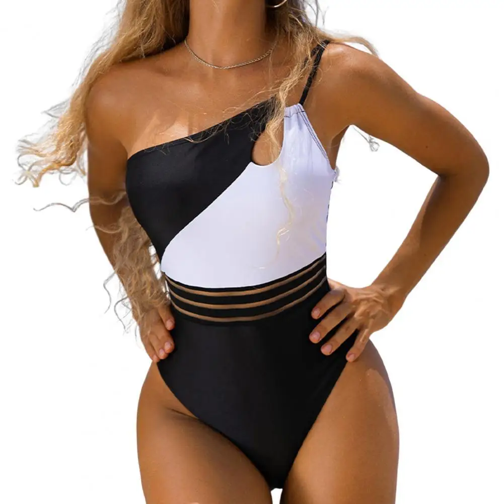 

One Shoulder Women's Swimsuit Adjustable Straps High-Waist Lady Monokini Beachwear One Shoulder Patchwork Color One-piece Bikini