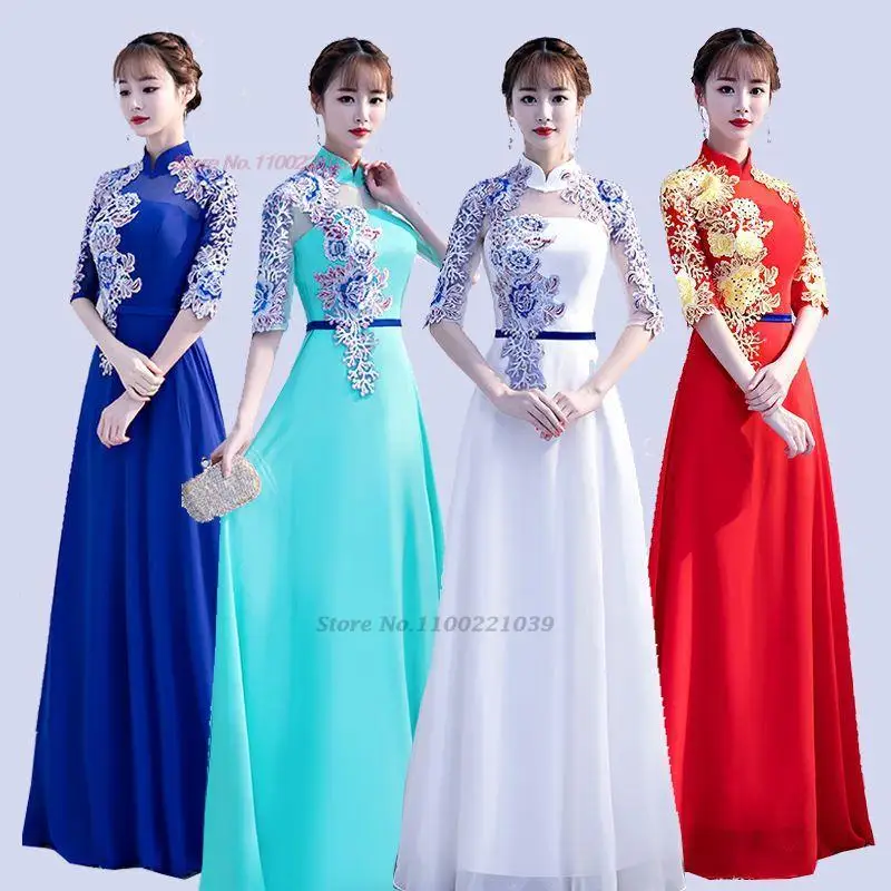 2023 chinese traditional dress vintage qipao national flower embroidery lace cheongsam oriental banquet evening dress vestido