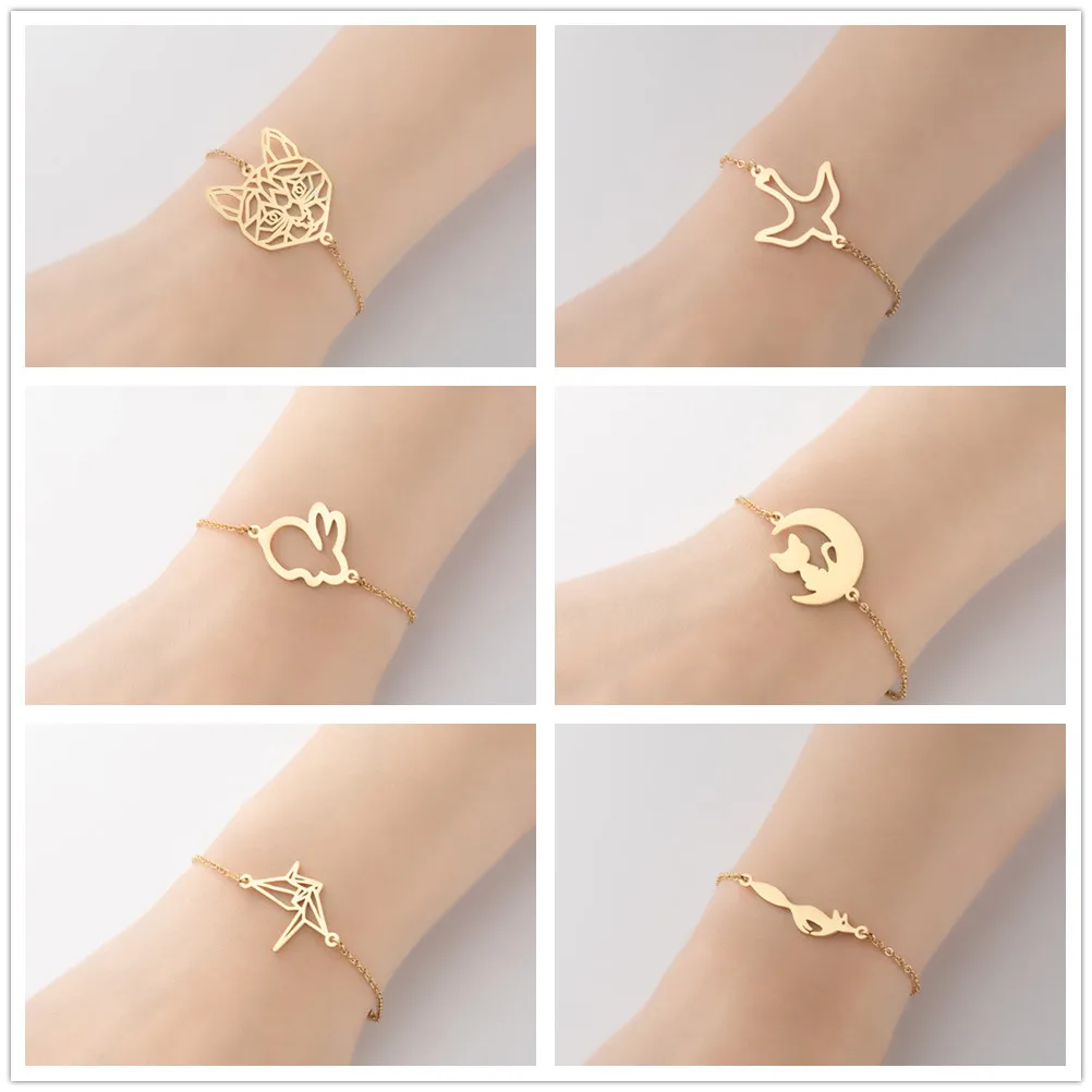 Stainless Steel Bracelets & Bangle For Girl Cat On The Moon Swallow Origami Crane Fox Chain Link Bracelet On Hand Adjustable