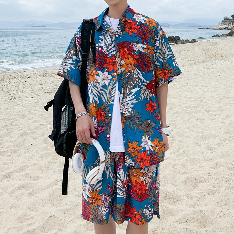 2PCS Men Beach Pajamas Sets Print Floral Short Sleeve T-Shirts&Shorts Sleep Suit Cotton Pyjamas Sleepwear Summer Home Clothes