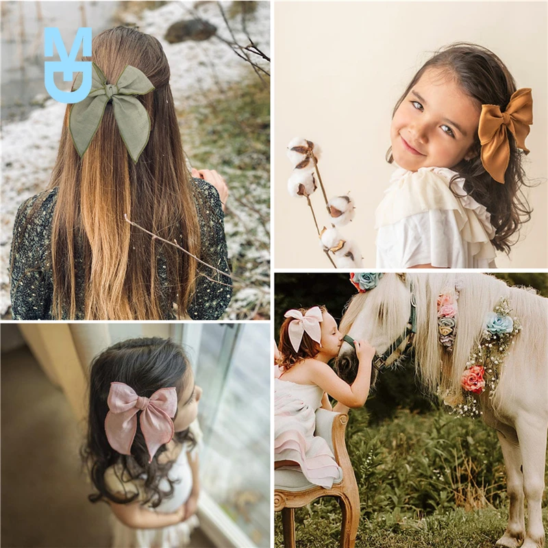 

New Fable Bow Hair Clips Baby Girls Women Linen Hemmed Hair Bow Clips Cotton Large Tails Hair Bows Accessories Hairgrips