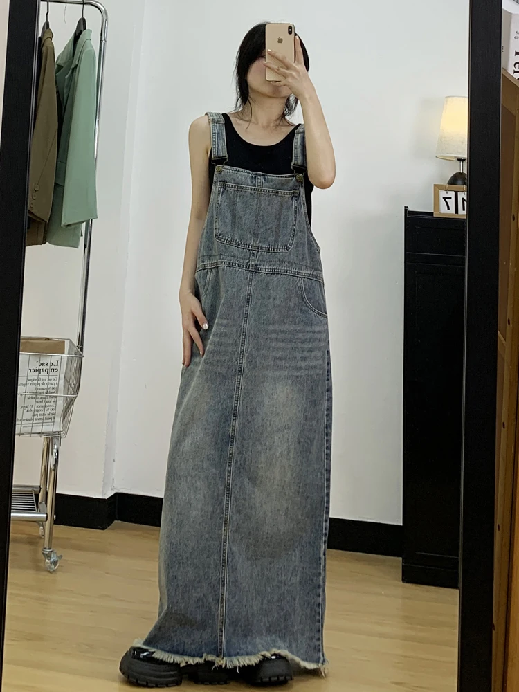 Женское винтажное джинсовое платье-комбинезон с разрезом Осеннее свободное