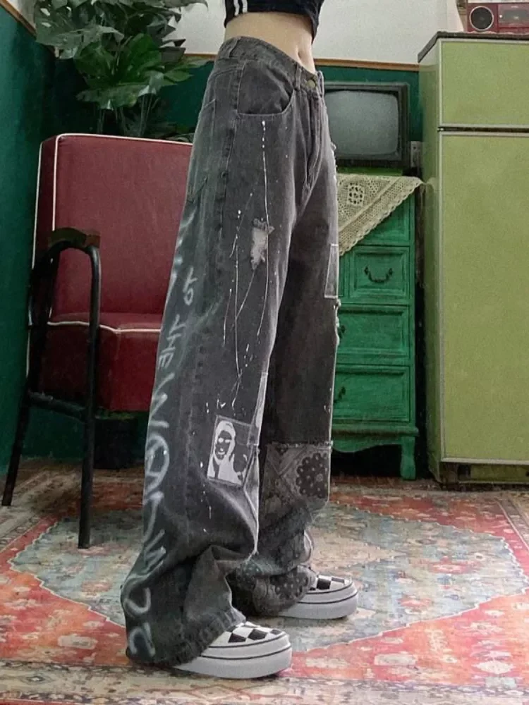 

New2022 Grunge Vintage Women Fashion Jeans Streetwear Patchwork Baggy Denim Pants Harajuku Hippie Casual Wide Leg Trousers