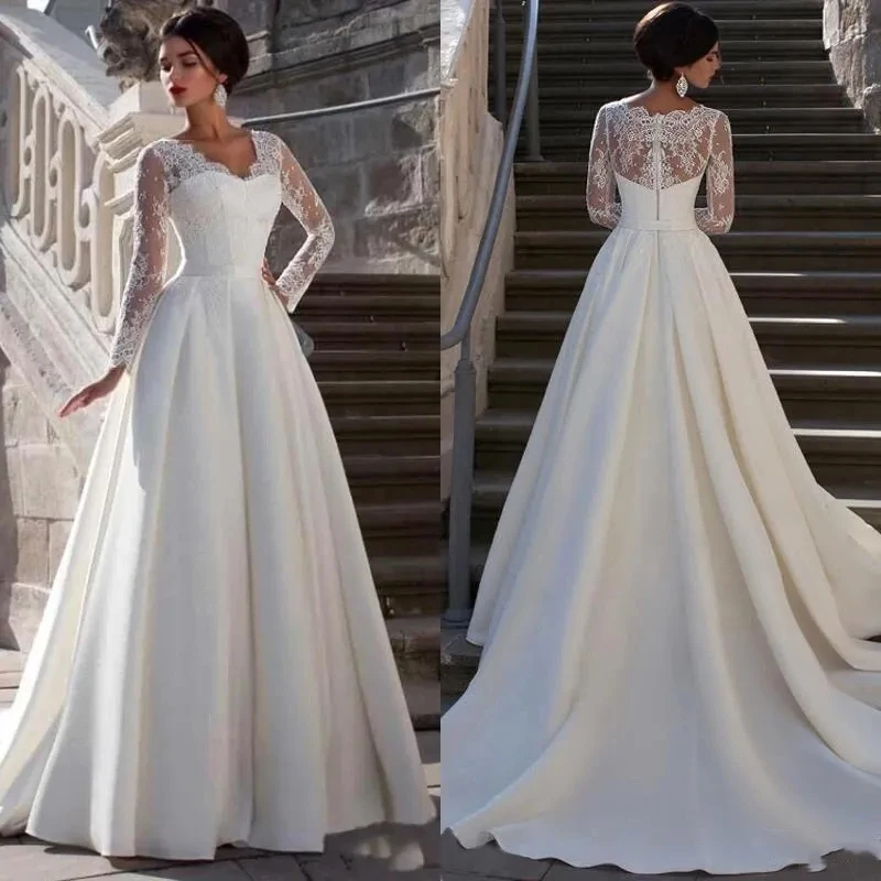 

Modest Lace Appliqued A-line Satin Wedding Dress Sweetheart Neck Sheer Back Cap Long Sleeve Plus Size Bridal Gown with Zipper