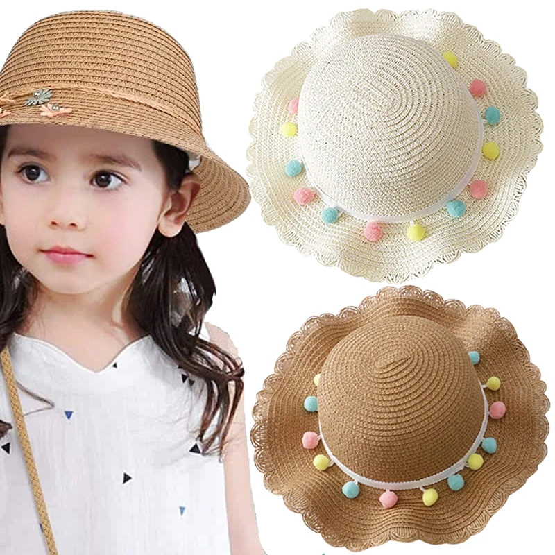 

Kids Girls Large Wide Brim Straw Woven Sun Protection Beach Hat Colorful Pompom Ball Summer Floppy Bucket Cap Children Straw Hat