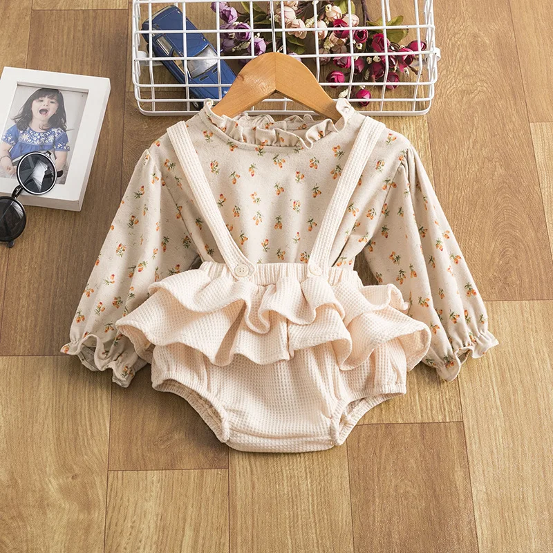 

2pcs/sets Infant Baby Clothes Turtleneck Flowers Print Full Sleeved Single Breasted Tops + Ruffles Pleated Skirt Dress For Girls