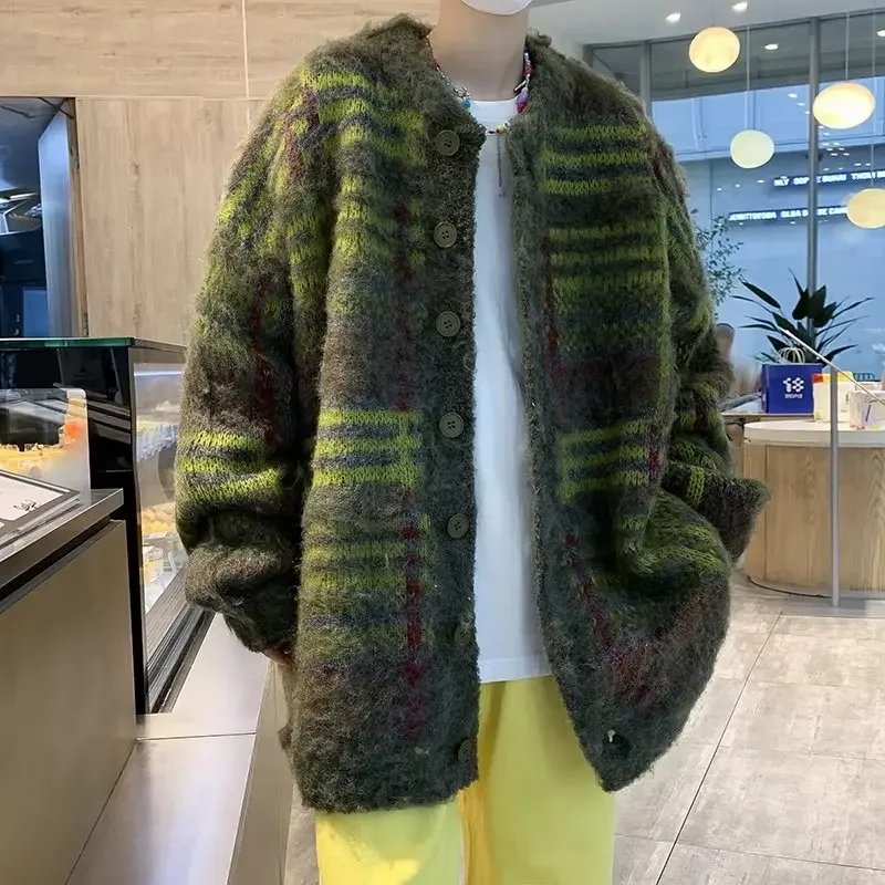 

Мужской однобортный свитер в полоску, с длинным рукавом, свободного покроя