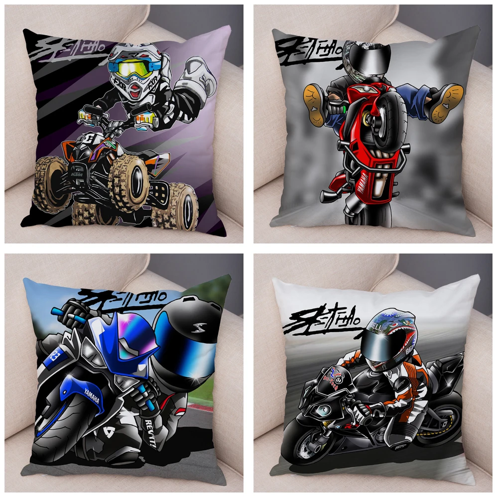 

Extreme Sports Cushion Cover Decoration Cartoon Motorcycle Pillow Cover Polyester Colorful Bike Printing Home Decor Pillow Cover