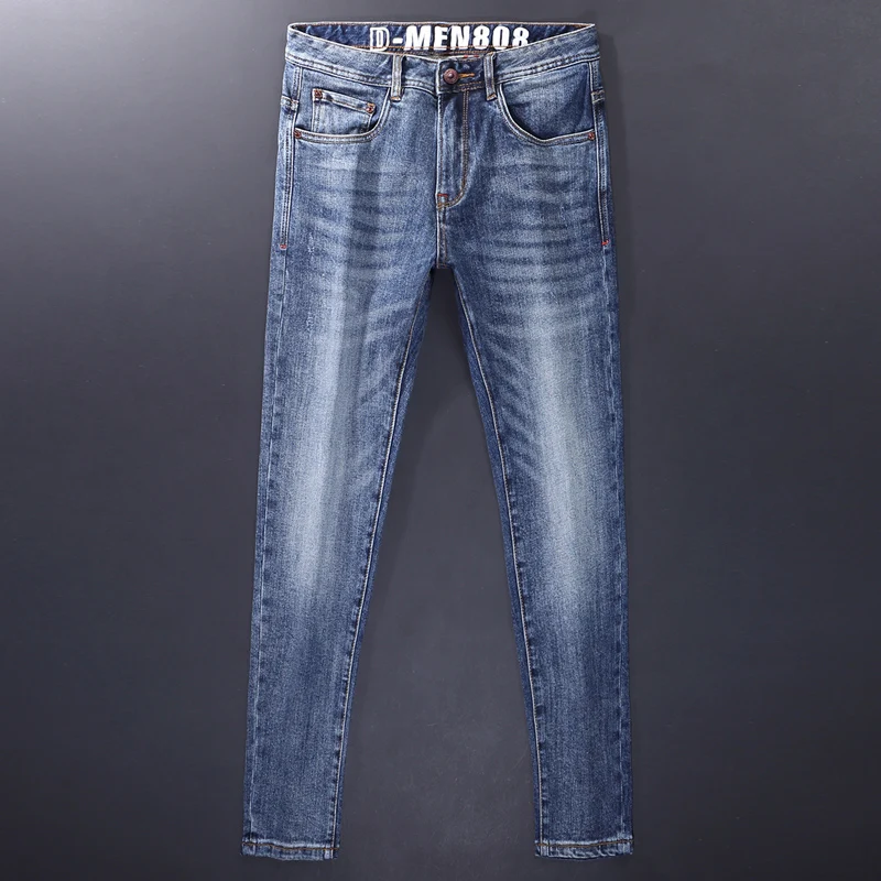 Высококачественные модные мужские джинсы стрейч винтажные потертые синие