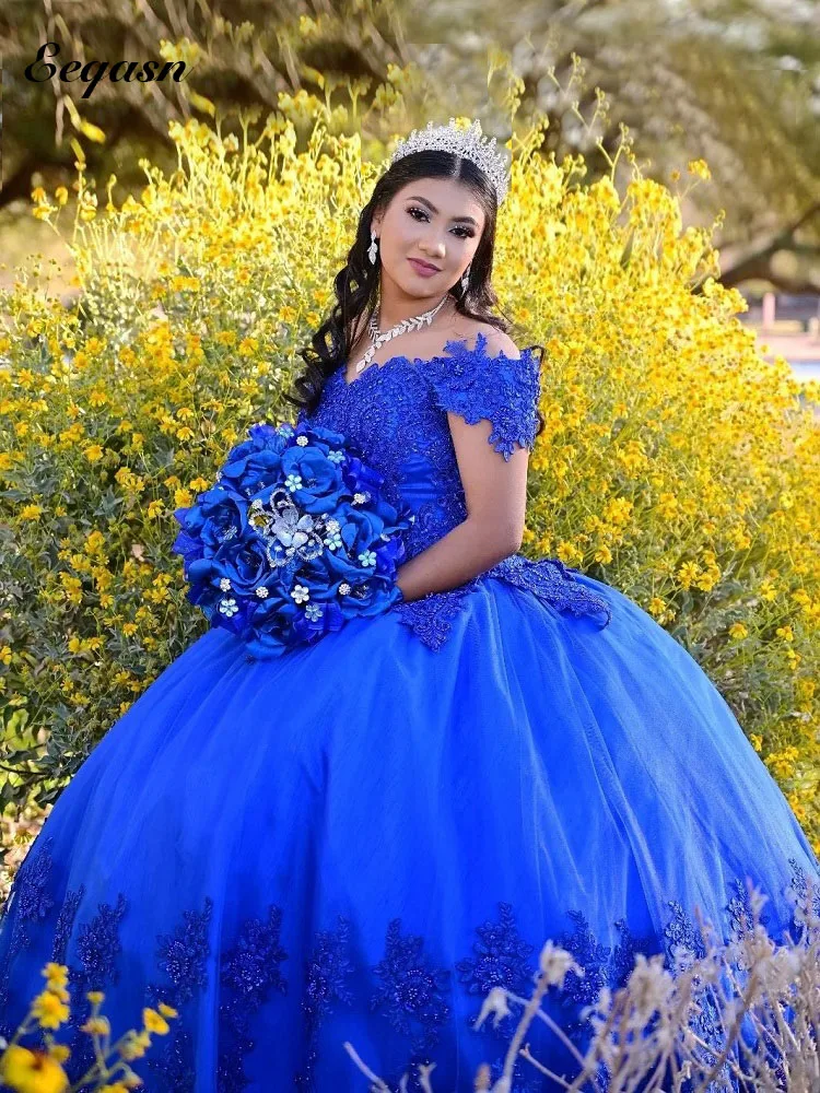 

Blue Lace Quinceanera Dress Ball Gown Short Sleeve Princess Pageant Birthday Party Dresses Sweet 15 16 vestidos de xv años