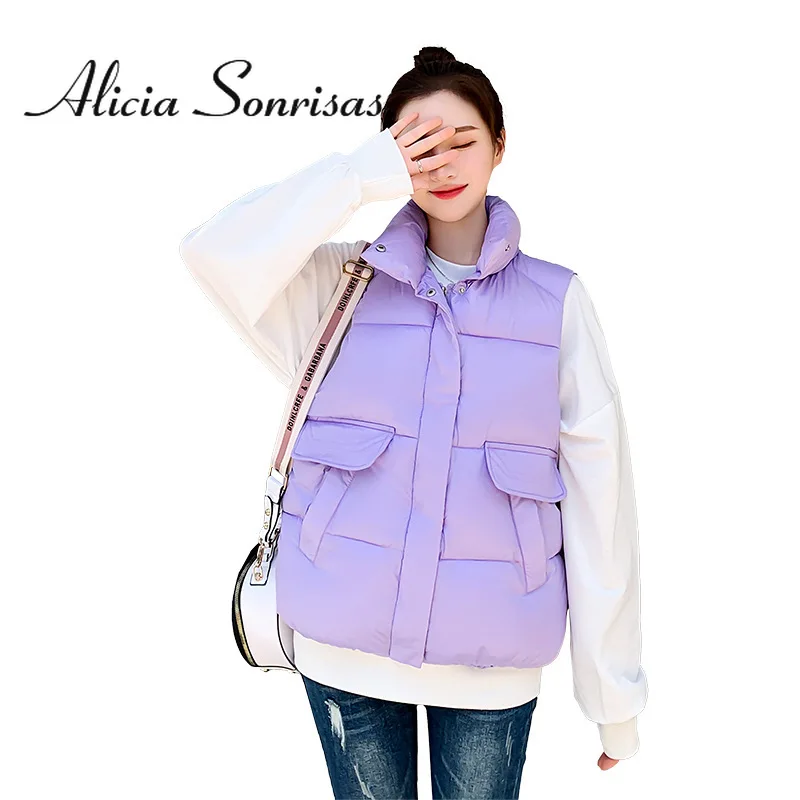 

2022 PurpleThick Vest Female Autumn Winter Bright Face Korean Version New Short Waistcoat Cotton Vest 7 Colors With Big Pockets