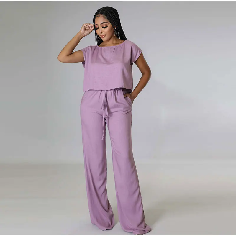 

Women Solid Cotton Linen Trousers Suit Short Sleeve Tops Wide Leg Pants Two Piece Set Ladies Elastic Waist Pocket Casual Outfits