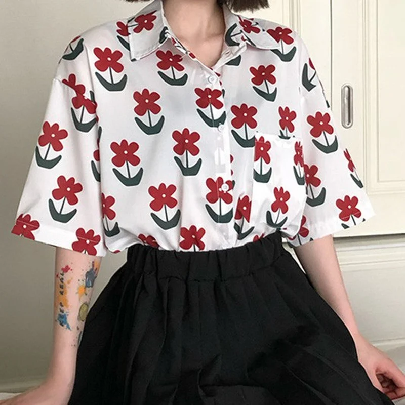 

Женская Повседневная Свободная футболка с коротким рукавом, Женская Винтажная футболка с цветочным принтом, летние элегантные топы для отп...