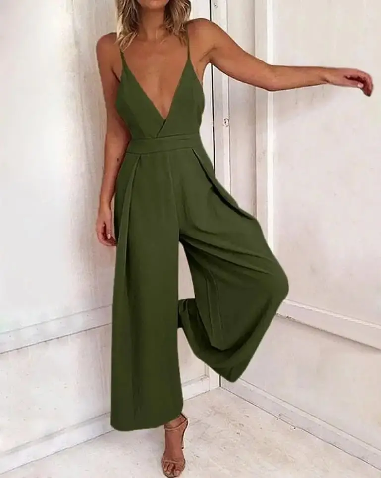 

Женский комбинезон на бретелях-спагетти, зеленый комбинезон с V-образным вырезом и завязками, с вырезами и широкими штанинами, элегантный ве...