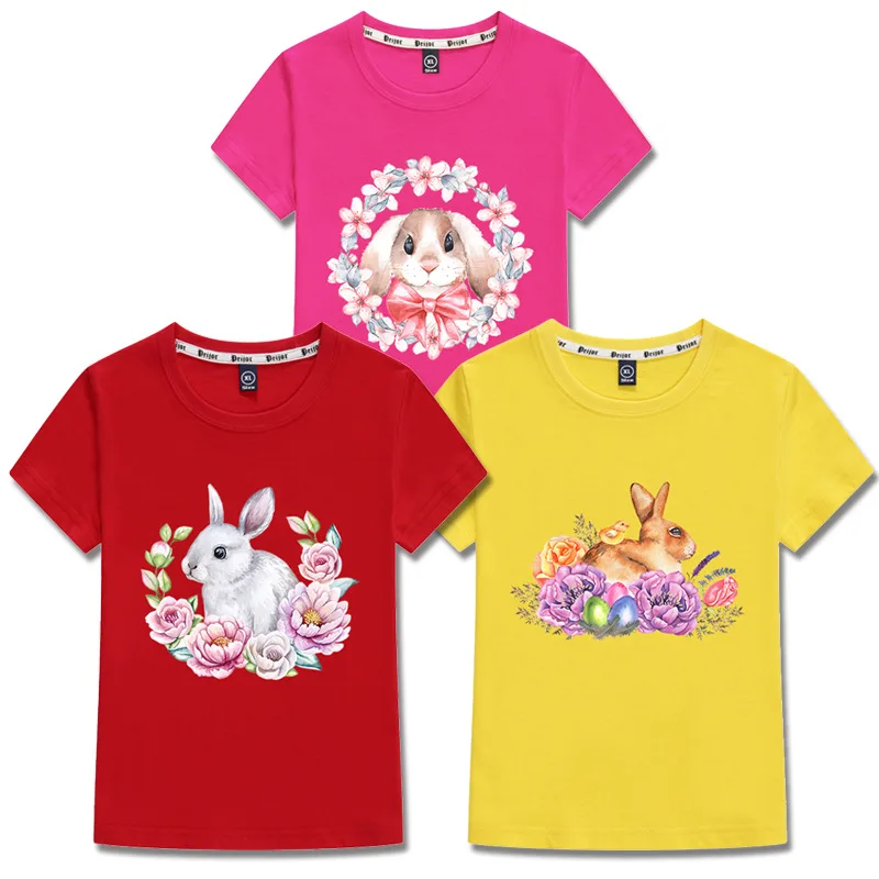 

Новинка 2022, Лидер продаж, Детская летняя футболка с пасхальным рисунком кролика и короткими рукавами, одежда для мальчиков и девочек с индив...