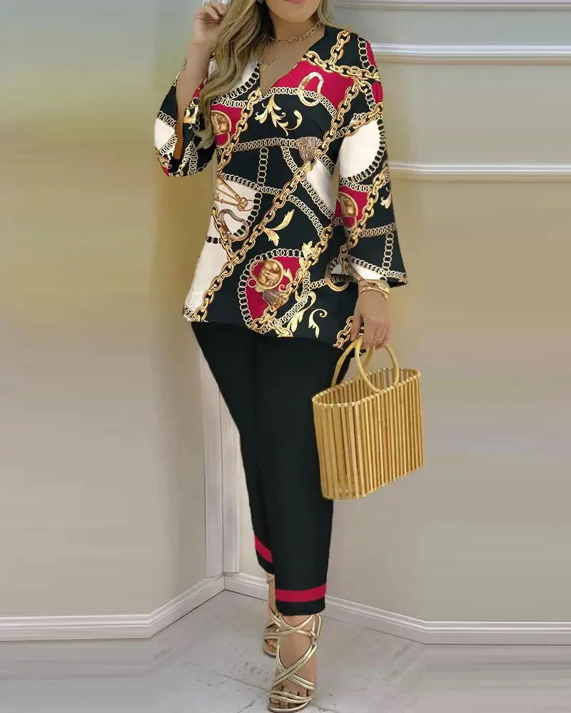 2023 spring and summer new women's suit fashion sexy V-neck printed thin long-sleeved trousers casual women's suit two-piece set