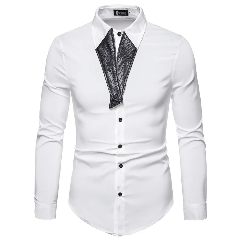 Summer Autumn New Youth Fashion Casual Personality Leather Collar Men's Long Sleeve Shirt 80% Cotton Lapel Solid Color Men's Top