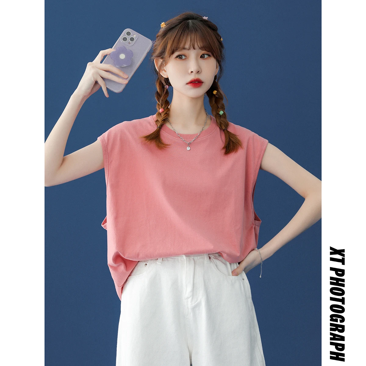 Женская футболка без рукавов из чистого хлопка Новинка лета 2023 жилет верхняя