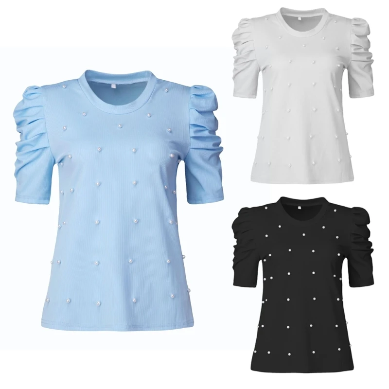 

Women Summer T-shirt Casual Crewneck Short Puff Sleeves Solid Basic Tunic Tops