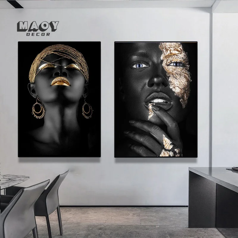 

African Art Black and Gold Woman Canvas Painting Frame Posters and Prints Scandinavian Wall Art Picture for Living Room Decor