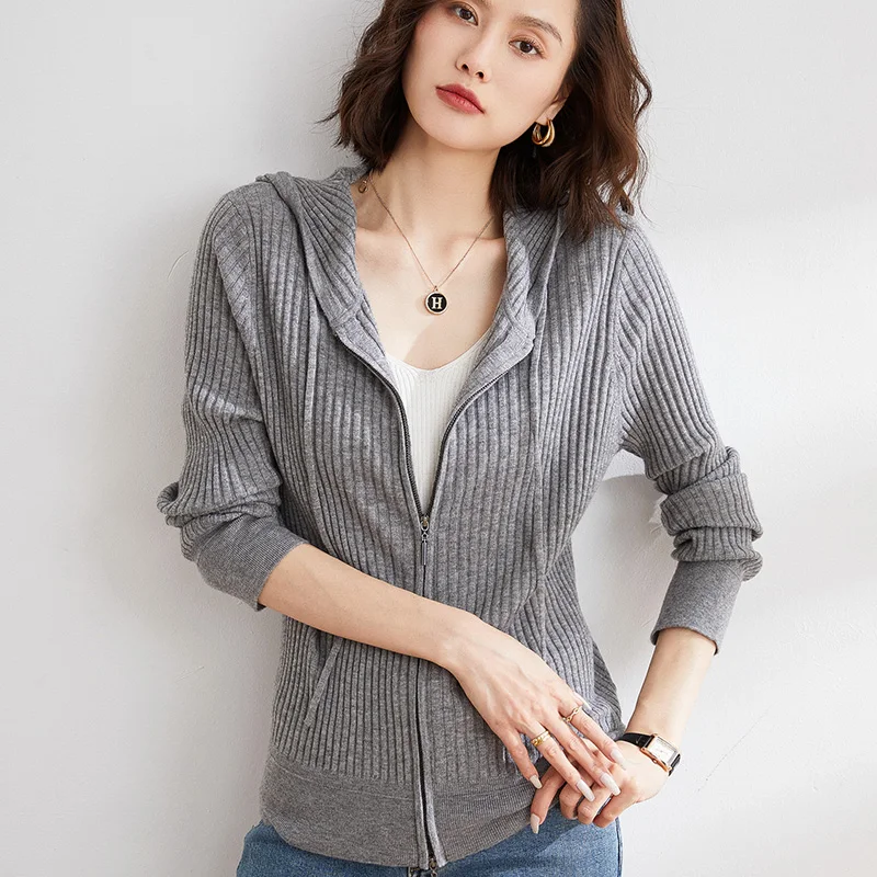

Hooded long sleeved zipper knitted cardigan women's short coat sweater simple foreign style with temperament short casual Hoodie