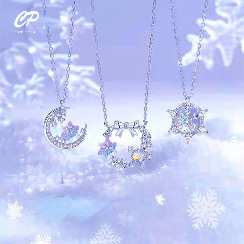 

Romantic Dream Snowflake Necklace for Women Cute Crystal Clavicle Chain Girls Friends Three-person Suit Necklaces Jewelry