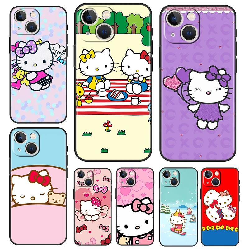 

Cartoon Hello Kitty Pink For Apple iPhone 13 12 11 Pro Max Mini XS Max X XR 6 7 8 Plus 5S SE2020 Soft Silicone Black Phone Case