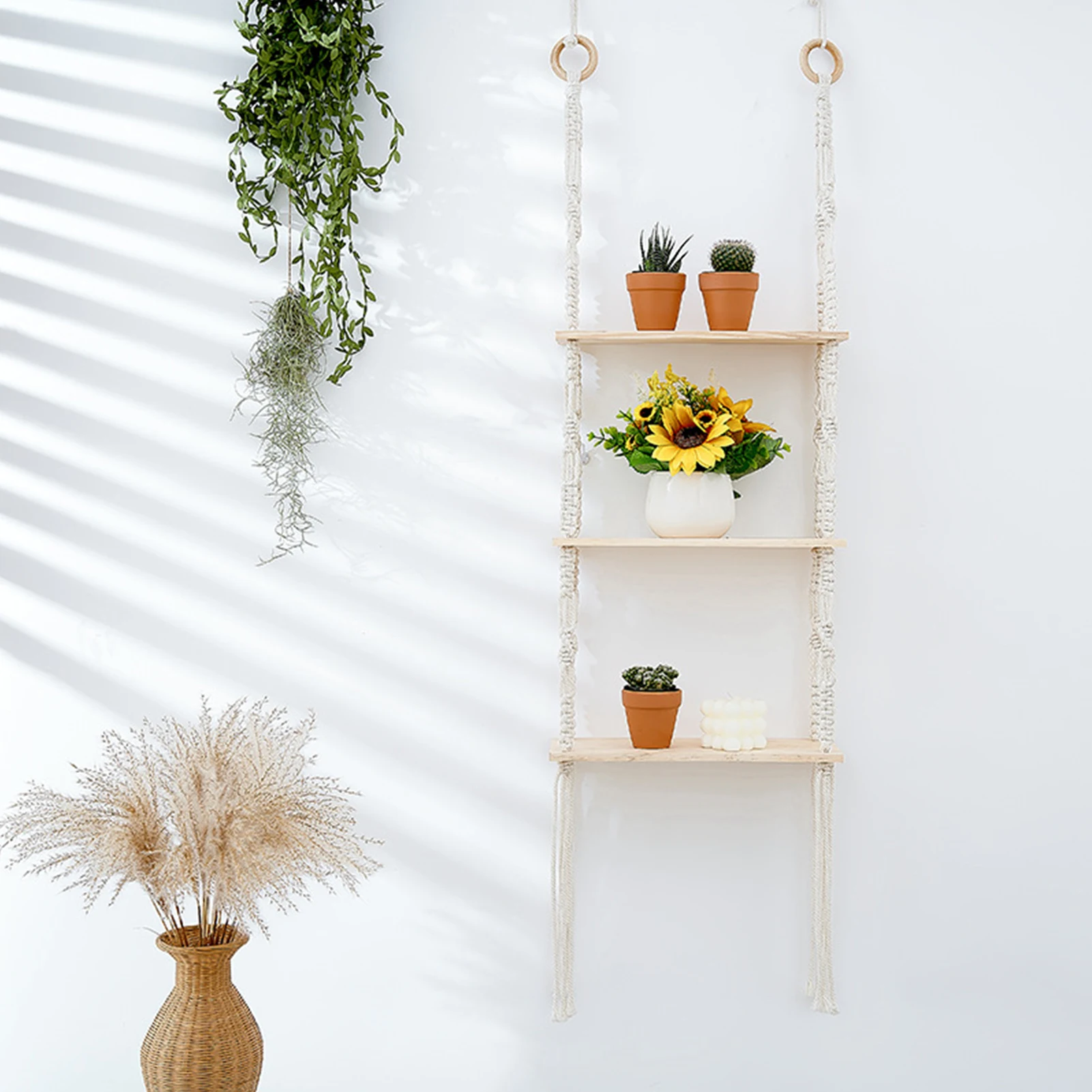 

3 Tier Rope Wall Hangings Shelf Woven Rope Bohemian Shelves | Boho Cotton Rope Rack Tapestry Rack Wall Hangings for Plant Hanger