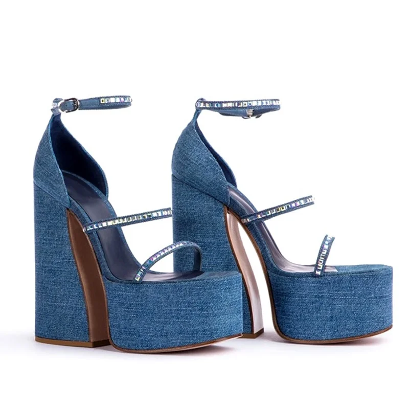 thick high heels fashion blue denim gladiator sandals  ankle strap classic design shoes woman sandals ladies dress party pumps