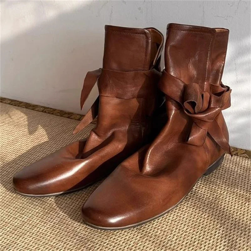 

Butterfly-knot Shoes for Ladies Denim Boots for Women Crossover Strap Round Toes Short Botas Brown Low Heels Chassure Femme
