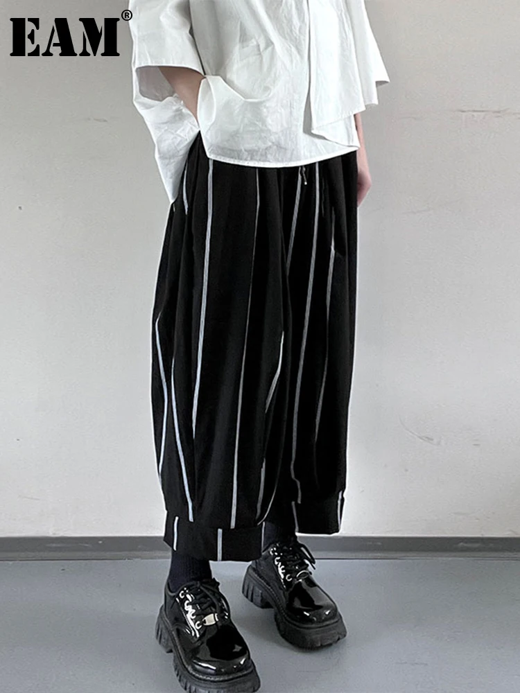 

[EAM] High Elastic Waist Black Striped Long Harem Trousers New Loose Fit Pants Women Fashion Tide Spring Autumn 2022 1DE8750