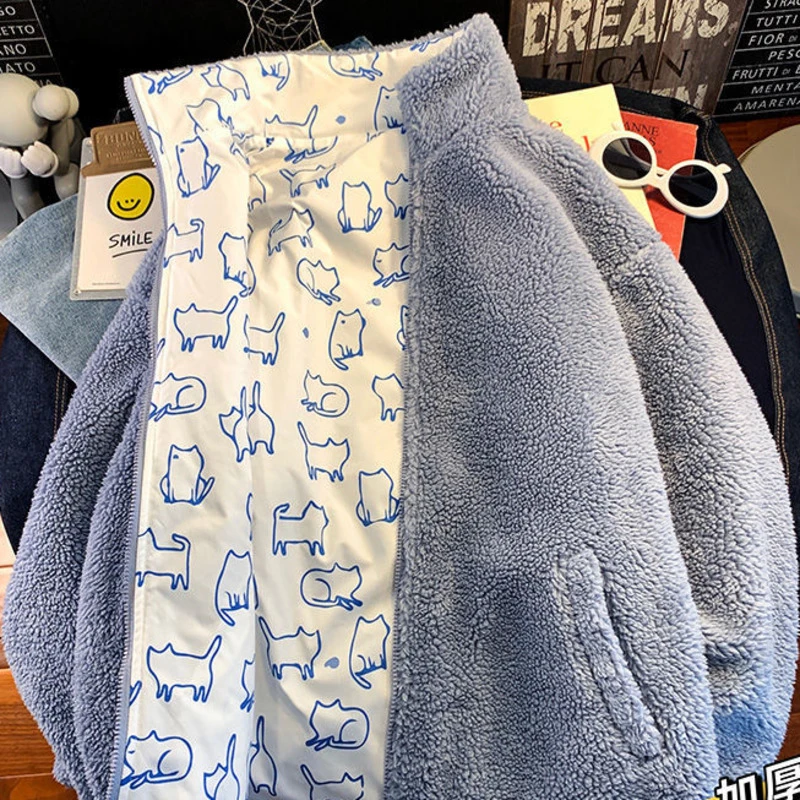 Women Double-Faced Cotton Padded Jacket Autumn Winter Loose Cotton-Padded Casual Lamb Wool Can Be Worn On Both Sides Coat Parkas