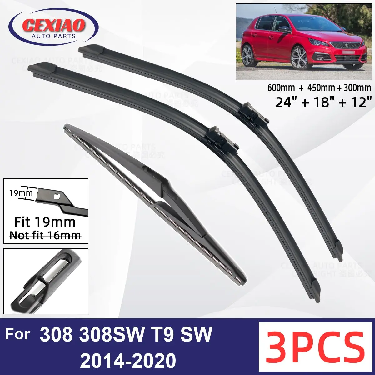 

For Peugeot 308 308SW T9 SW Estate 2014-2020 Car Front Rear Wiper Blades Soft Rubber Windscreen Wipers Auto Windshield 24"18"12"