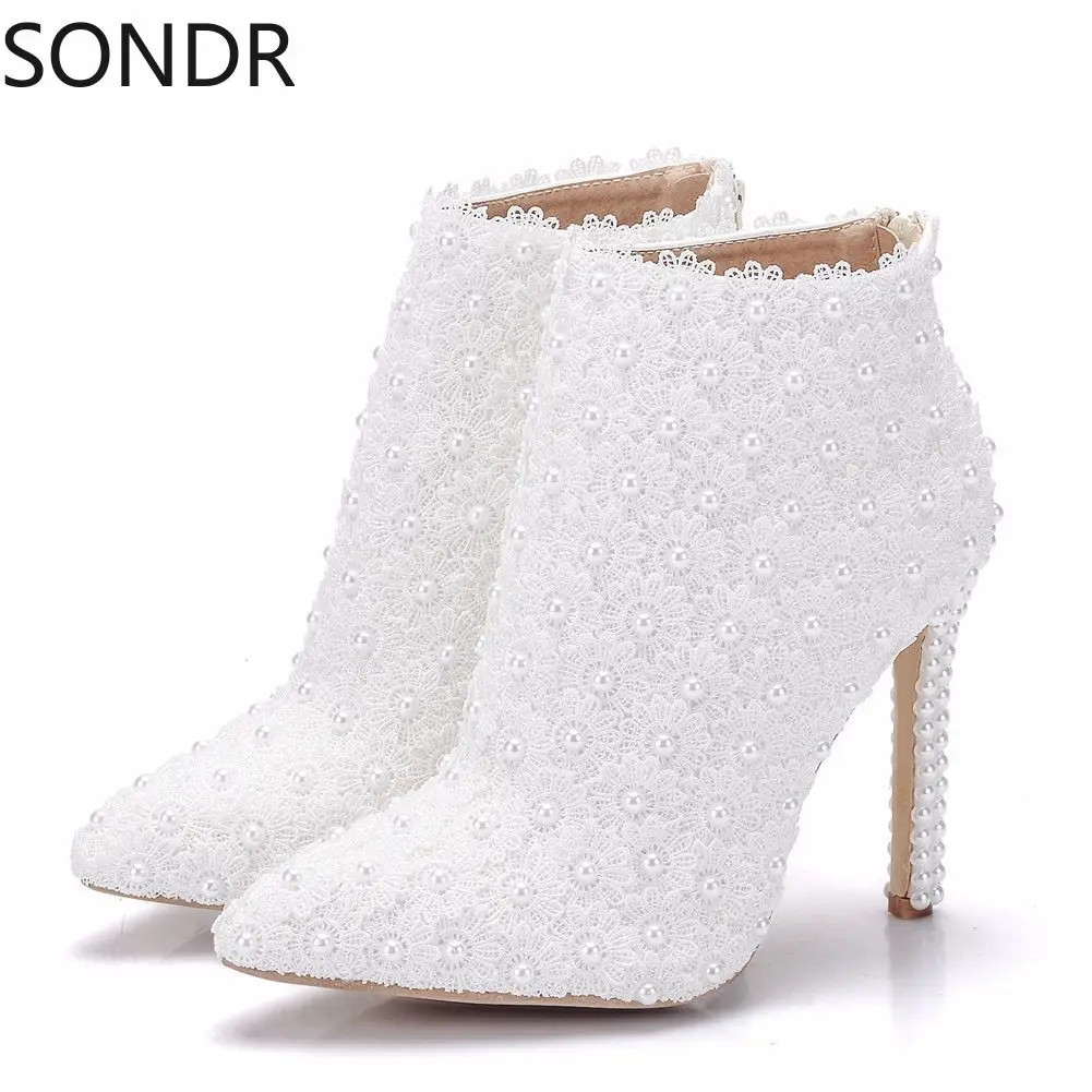 

Womens Pointed Toe Ankle Boots Lace Pearls Stilettos High Heel Shoes Floral Wedding Bridal Party White