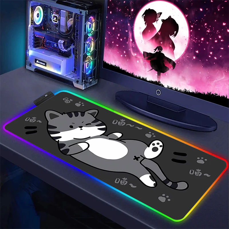 

Настольный коврик со светодиодной подсветкой, большой коврик для мыши, 900x400, черный, кот, Rgb, Офисные аксессуары, коврик для мыши, аниме, для ПК...
