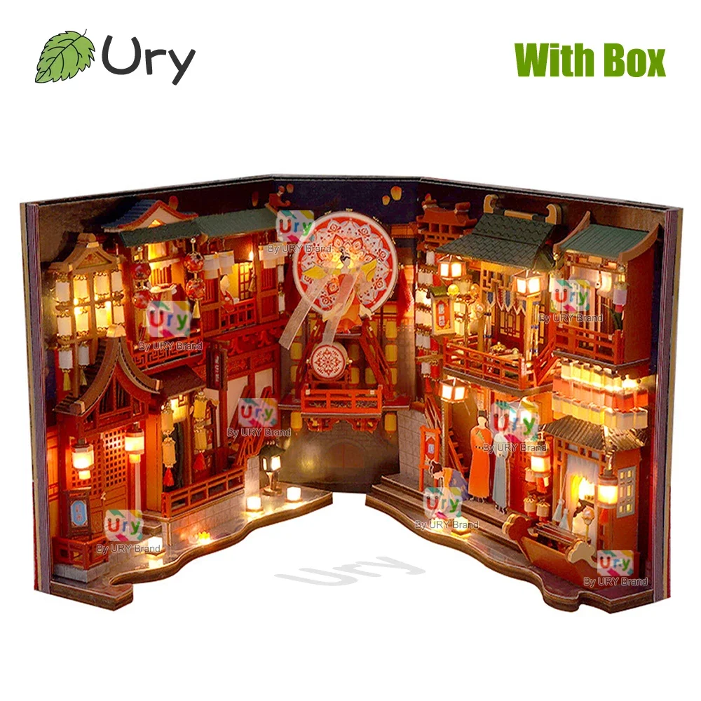 

Ury 3D деревянная головоломка со светодиодной подсветкой древней династии Тан, китайская книга с видом на улицу, уголок, китайский квартал, роскошная таверна, вставка в полке в подарок