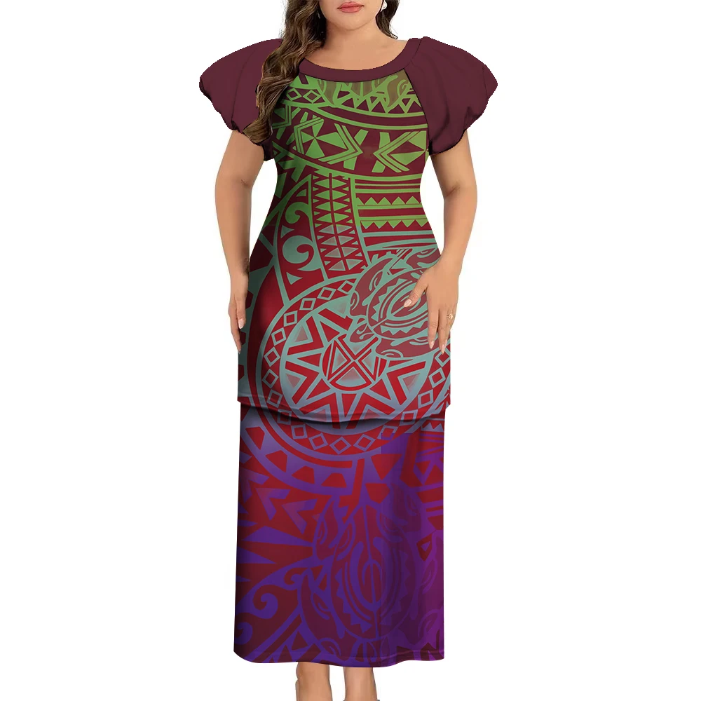 Женское длинное платье с рукавами-фонариками и круглым вырезом