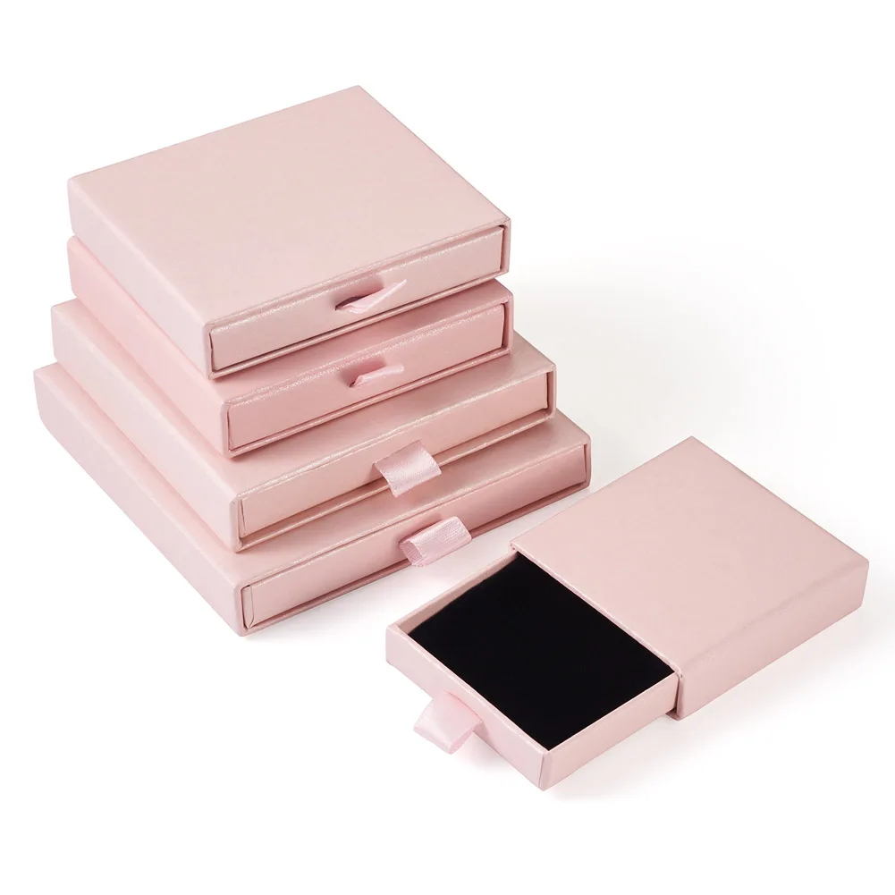 

Pandahall 5Pcs 5 Style Pink Square Paper Drawer Boxes With Black Sponge Inside For Bracelet Earring Necklace Jewerly Packing