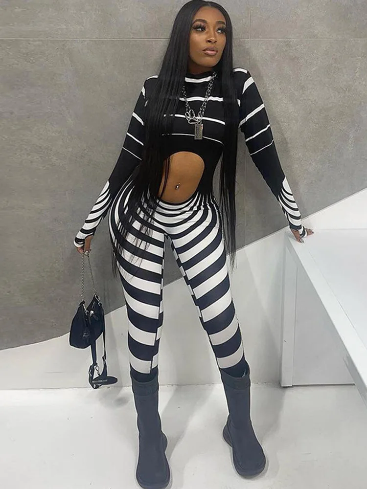 

2022 Autumn Sexy Print Rompers Women Hollow Out Jumpsuit Casual Street Fashion Sheath Jumpsuits Women Long Sleeve Femme Overalls