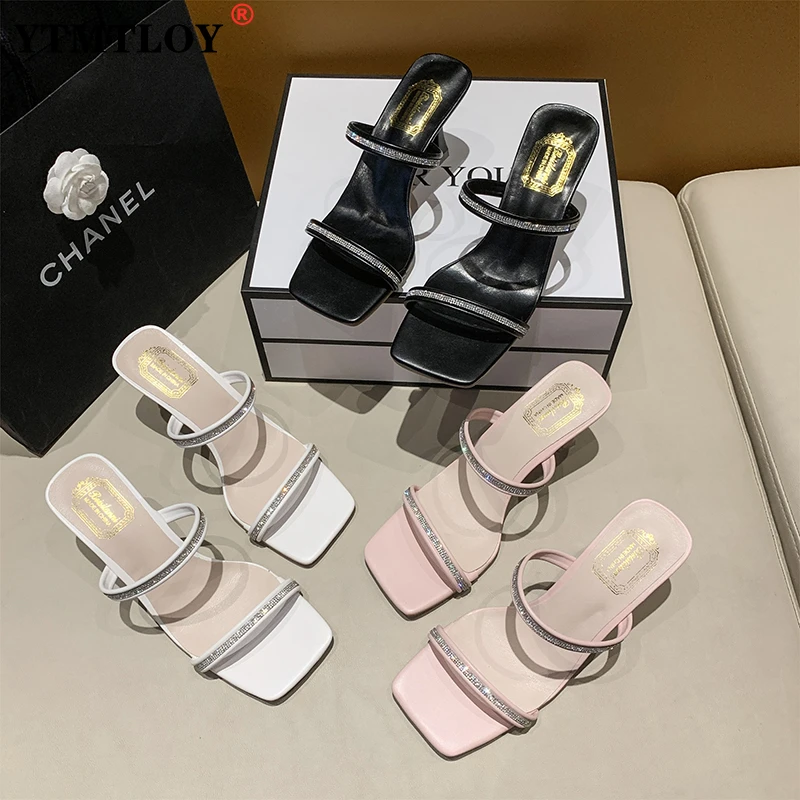 

Women Slip on Crystal Slippers Ladies Sandals Fashion Thin Heels Shoes Female Square Toe Party Summer Slipper Footwear