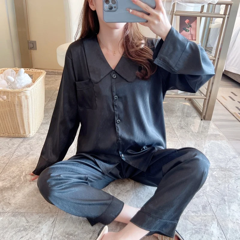 2023 New Pajamas Women's Spring and Autumn Long-Sleeve Suit V-neck Silk Korean Style Home Wear Artificial Silk Ladies' Homewear