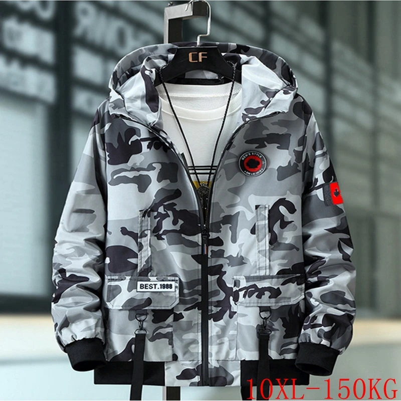 

Fall Plus Size New Men's Camo Hooded Jacket 10XL150KG 9XL 8XL 7XL 6XL 5XL Fashion Pocket Zipper Rib Hem Jacket